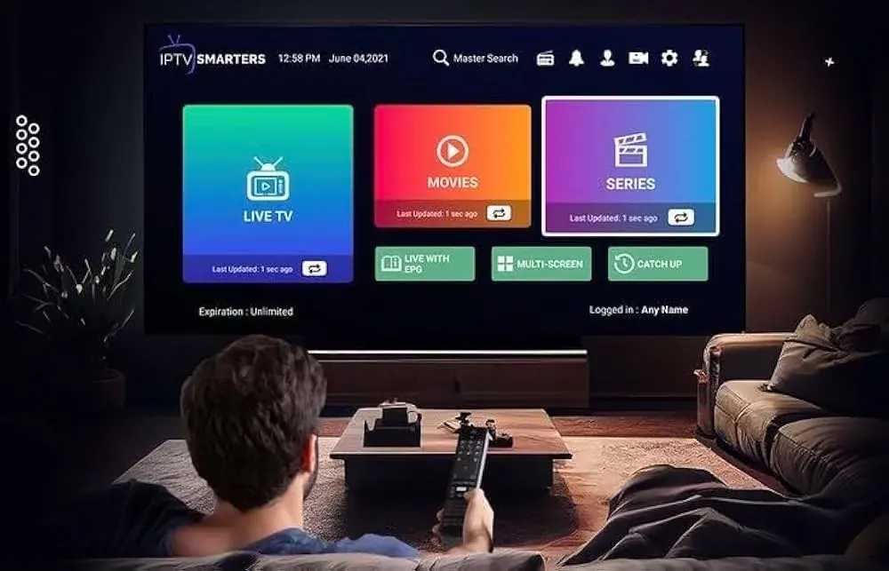 IPTV Fire Stick setup with IPTV Smarters Pro home screen on a TV