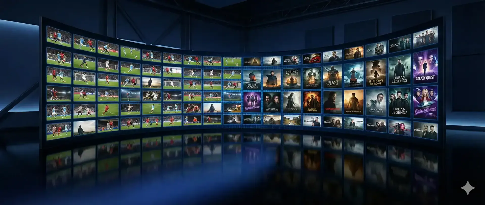 IPTV services streaming live TV, movies and series on a wall of screens