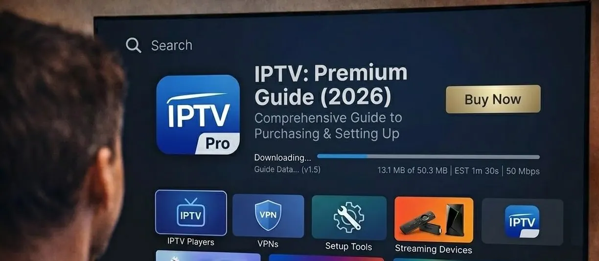 Purchase IPTV guide shown on a TV app store screen
